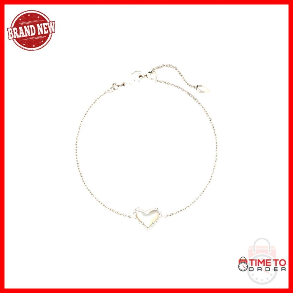 Rhodium-Plated Brass Link Chain Bracelet with Mother of Pearl Heart
